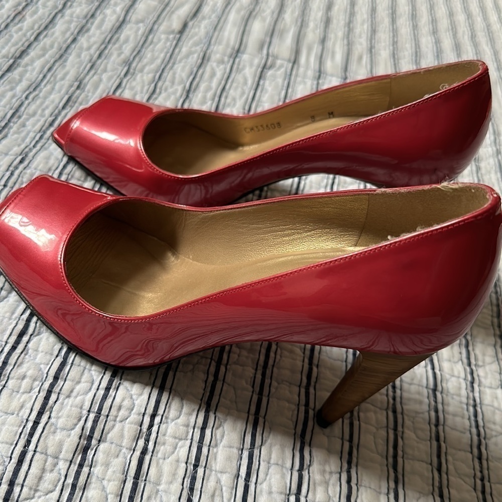 😊Stuart Weitzman Womens Metallic Pink Patent Leather Open Toe Pumps size… - Picture 16 of 16